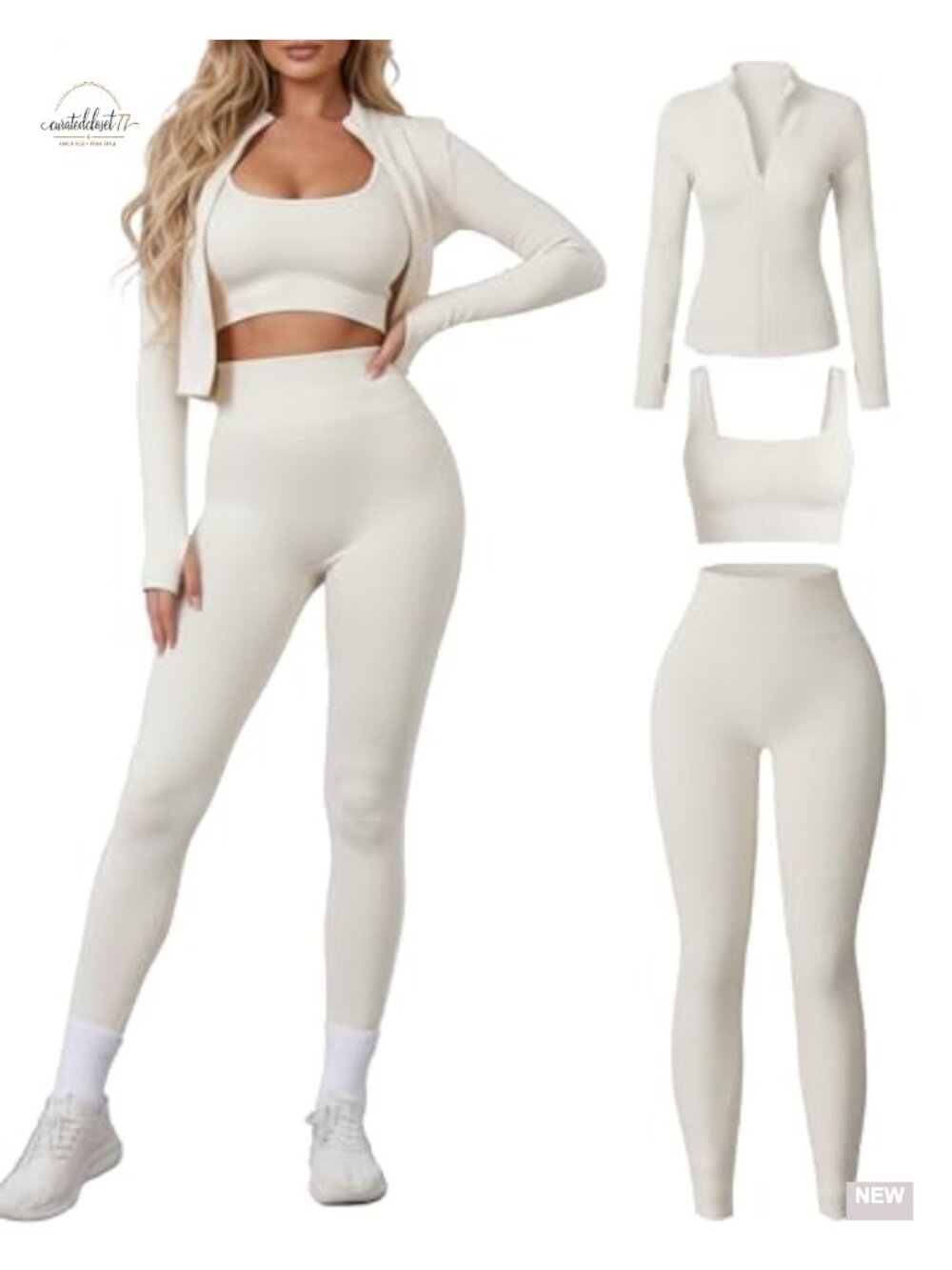 Seamless 3 Piece Workout Set Sports Bra Leggings Zip Jacket Thumbhole